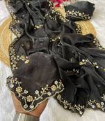 Black beads embroidery work fendy satin saree with blouse