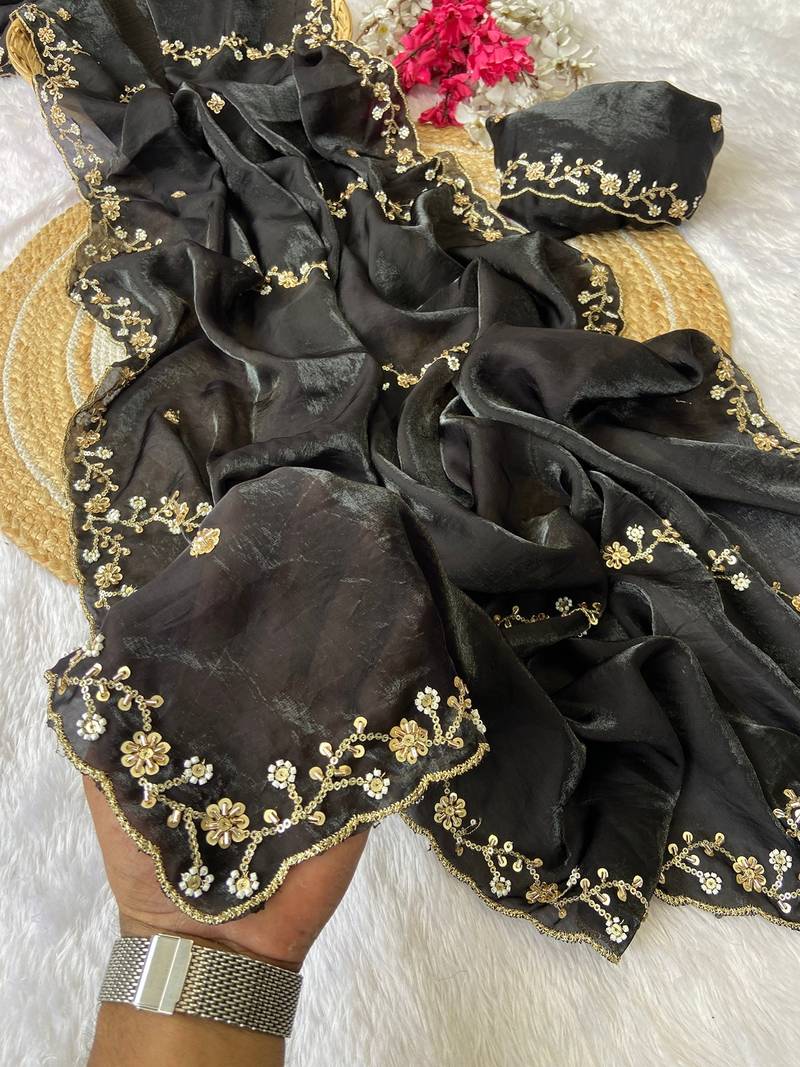 Black beads embroidery work fendy satin saree with blouse