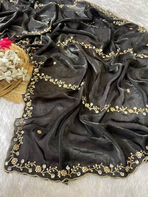 Black beads embroidery work fendy satin saree with blouse 2