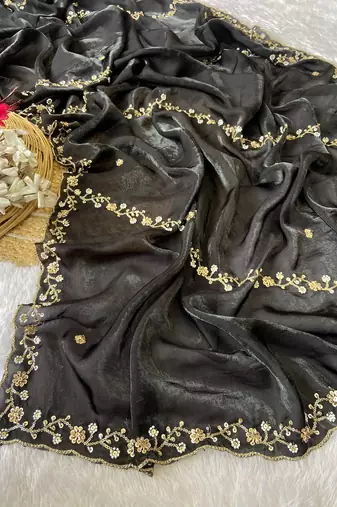 Black beads embroidery work fendy satin saree with blouse