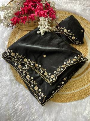 Black beads embroidery work fendy satin saree with blouse 3
