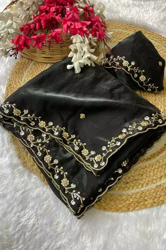 Black beads embroidery work fendy satin saree with blouse