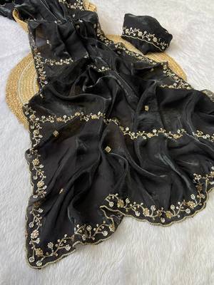 Black beads embroidery work fendy satin saree with blouse 4