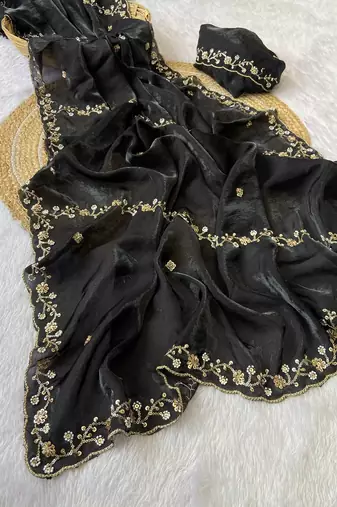 Black beads embroidery work fendy satin saree with blouse