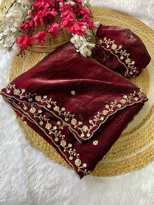 Maroon beads embroidery work fendy satin saree with blouse 1