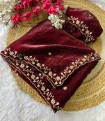 Maroon beads embroidery work fendy satin saree with blouse