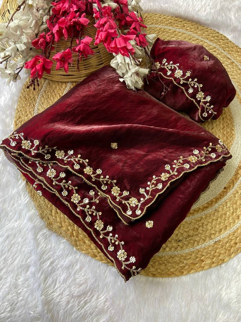 Maroon beads embroidery work fendy satin saree with blouse
