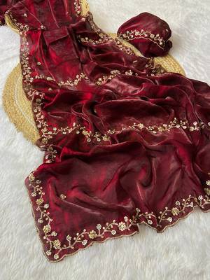 Maroon beads embroidery work fendy satin saree with blouse 2