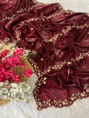 Maroon beads embroidery work fendy satin saree with blouse 3