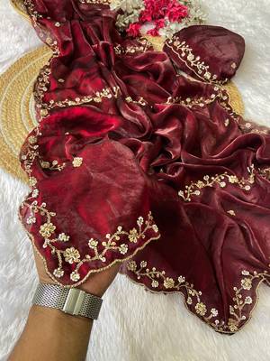 Maroon beads embroidery work fendy satin saree with blouse 4