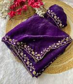 Purple beads embroidery work fendy satin saree with blouse