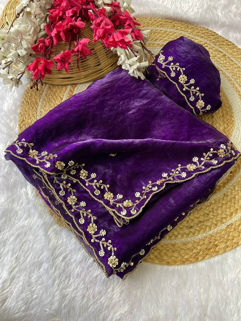 Purple beads embroidery work fendy satin saree with blouse