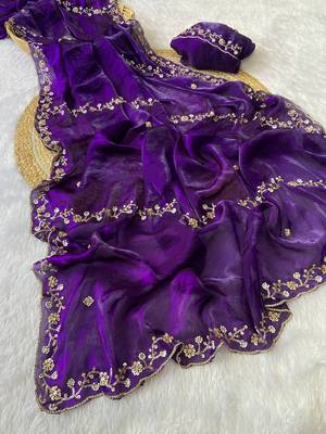 Purple beads embroidery work fendy satin saree with blouse 2