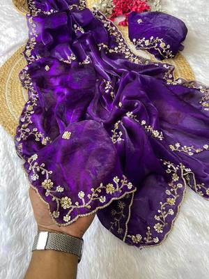 Purple beads embroidery work fendy satin saree with blouse 3