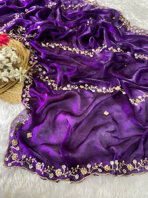 Purple beads embroidery work fendy satin saree with blouse 4