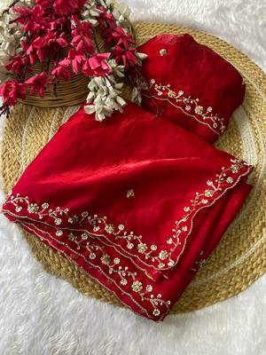 Red beads embroidery work fendy satin saree with blouse 1