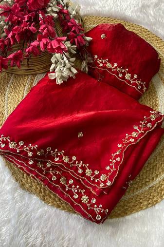 Red beads embroidery work fendy satin saree with blouse