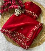 Red beads embroidery work fendy satin saree with blouse