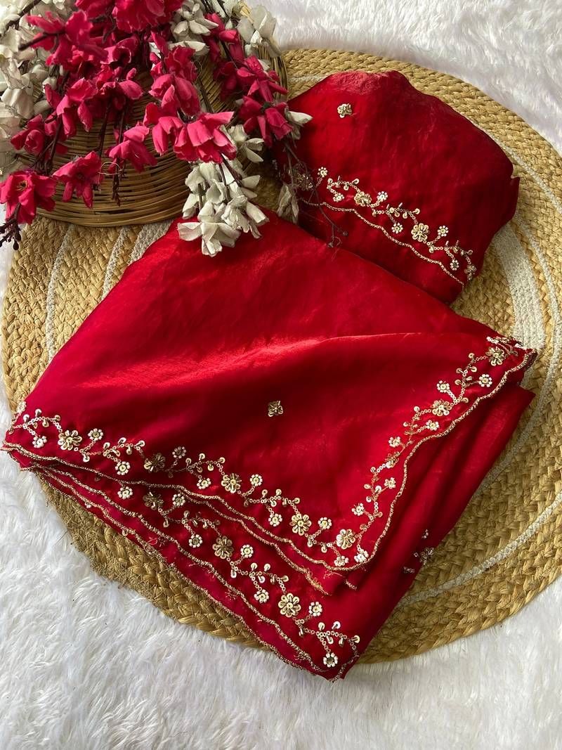 Red beads embroidery work fendy satin saree with blouse