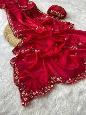 Red beads embroidery work fendy satin saree with blouse 2