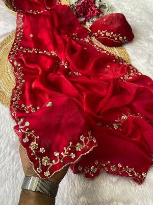 Red beads embroidery work fendy satin saree with blouse 3