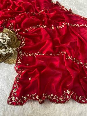 Red beads embroidery work fendy satin saree with blouse 4