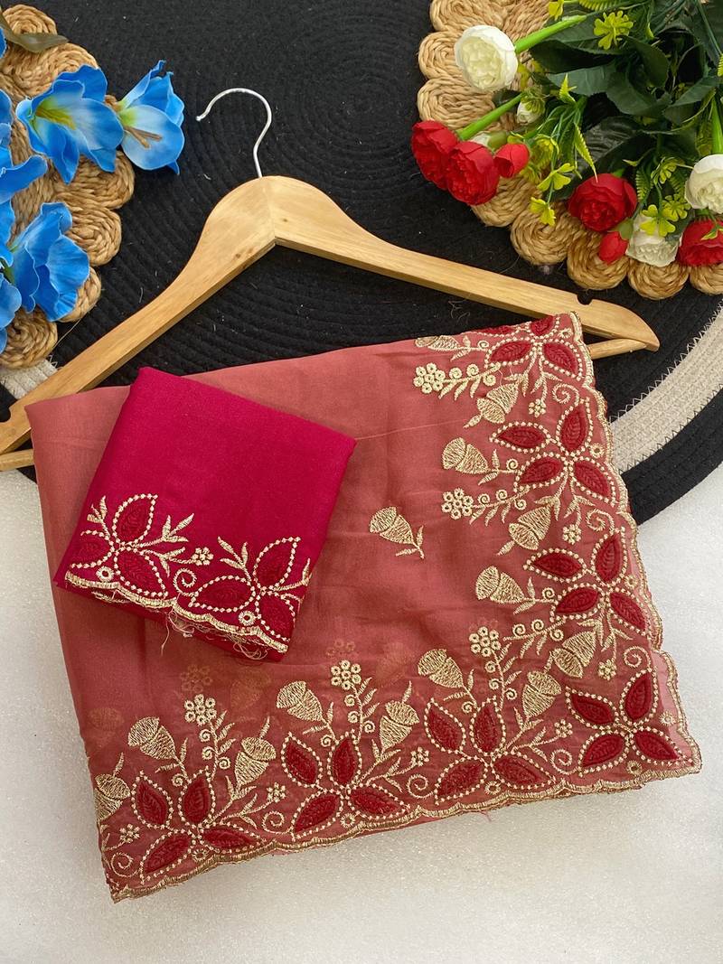 Gajari zari embroidery work star georgette saree with blouse