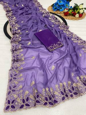 Lavender zari embroidery work star georgette saree with blouse 1