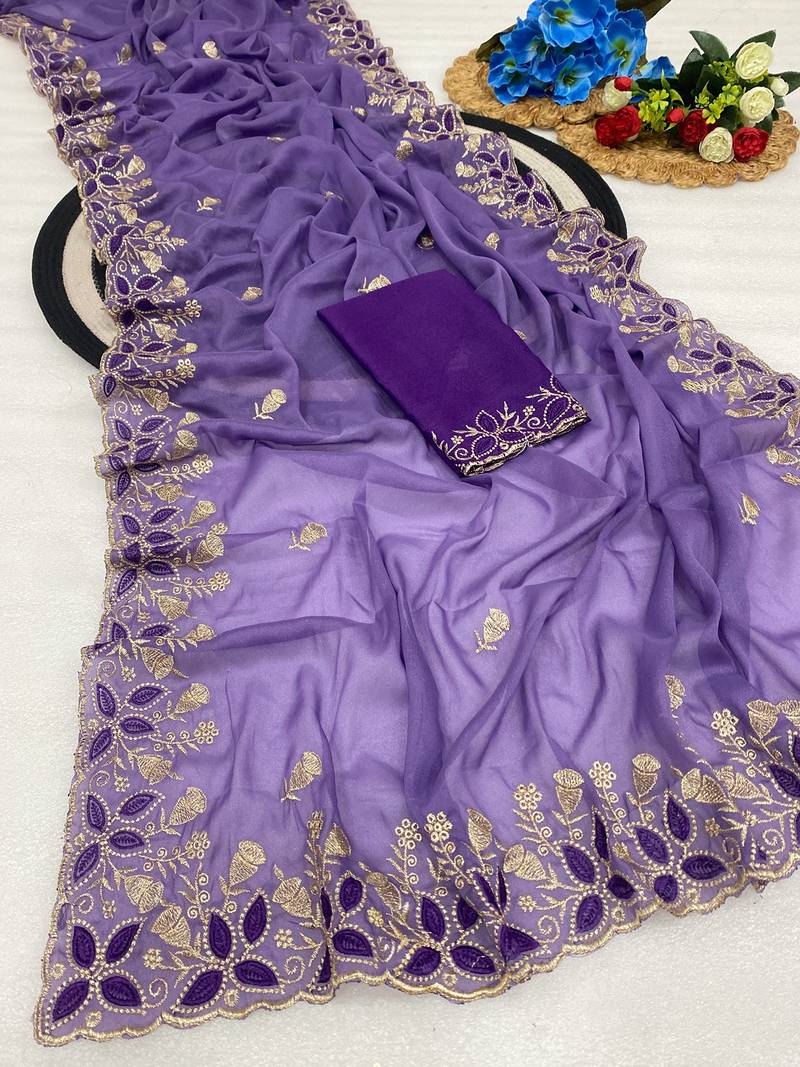 Lavender zari embroidery work star georgette saree with blouse