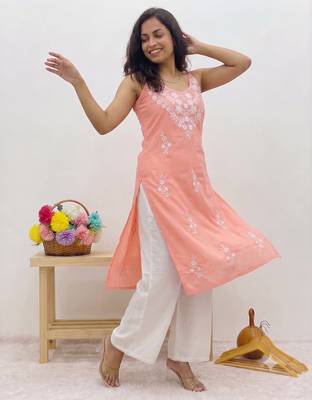 Peach embroidered sleeveless kurti with white palazzo set for women 2