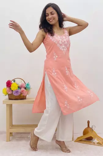 Peach embroidered sleeveless kurti with white palazzo set for women
