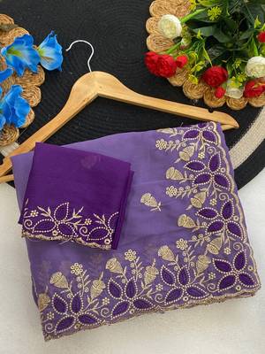 Lavender zari embroidery work star georgette saree with blouse 2