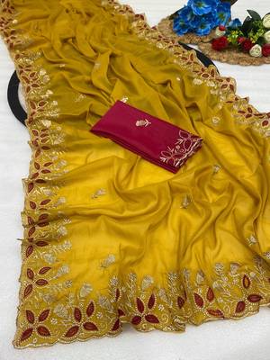 Yellow zari embroidery work star georgette saree with blouse 1