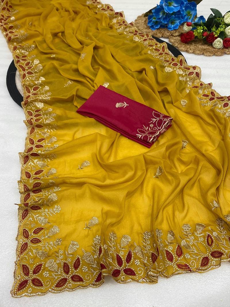 Yellow zari embroidery work star georgette saree with blouse