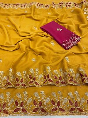 Yellow zari embroidery work star georgette saree with blouse 2