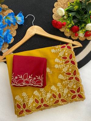 Yellow zari embroidery work star georgette saree with blouse 3