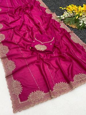 Pink zari embroidery work vichitra silk blend saree with blouse 1