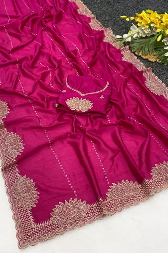 Pink zari embroidery work vichitra silk blend saree with blouse