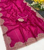 Pink zari embroidery work vichitra silk blend saree with blouse