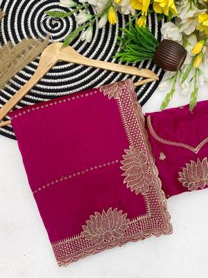 Pink zari embroidery work vichitra silk blend saree with blouse 2