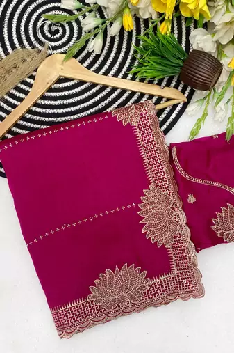Pink zari embroidery work vichitra silk blend saree with blouse