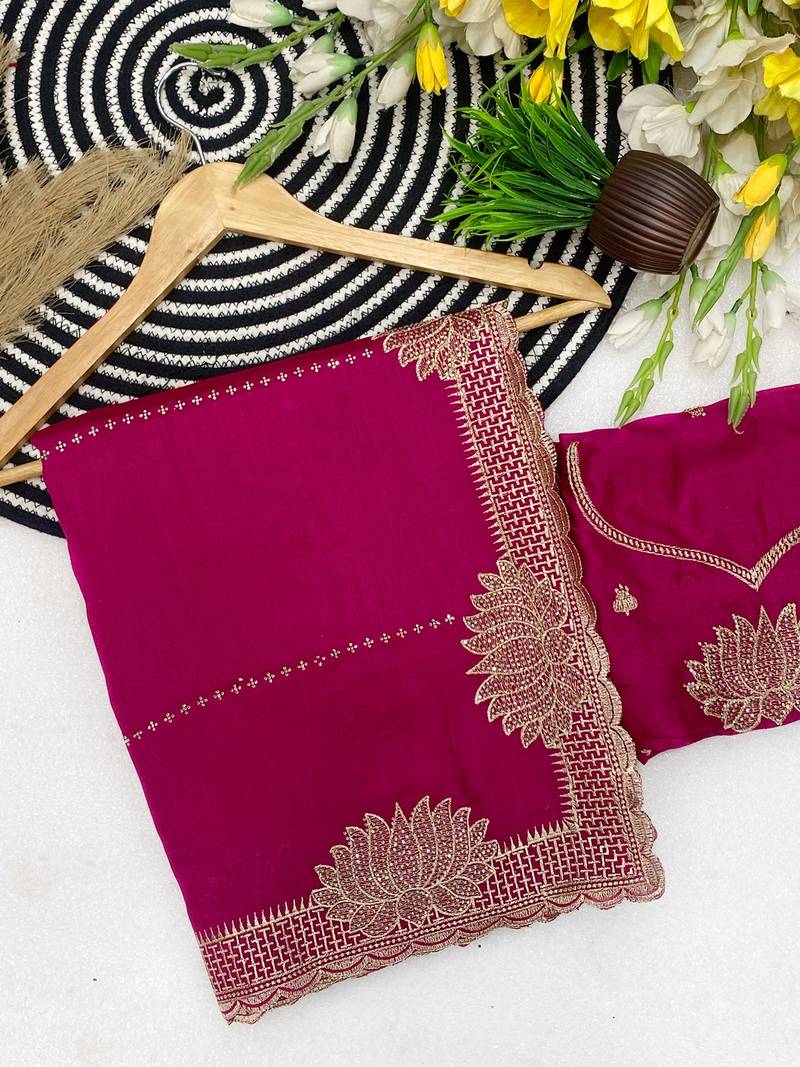 Pink zari embroidery work vichitra silk blend saree with blouse