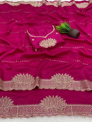 Pink zari embroidery work vichitra silk blend saree with blouse 3