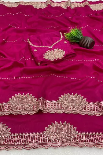 Pink zari embroidery work vichitra silk blend saree with blouse