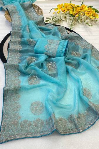 Firozi zari embroidery work crunchy saree with blouse