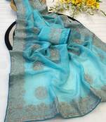 Firozi zari embroidery work crunchy saree with blouse