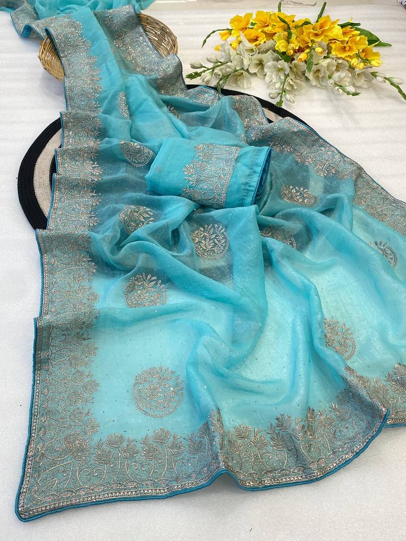 Firozi zari embroidery work crunchy saree with blouse