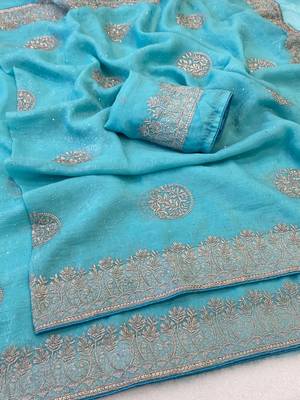Firozi zari embroidery work crunchy saree with blouse 2