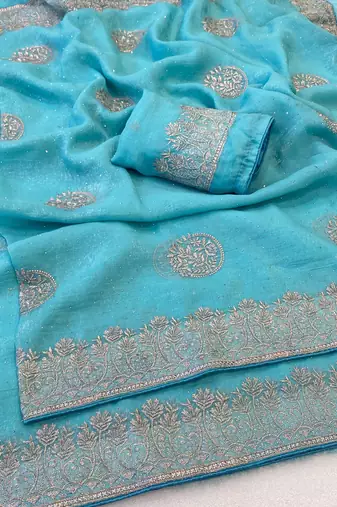 Firozi zari embroidery work crunchy saree with blouse