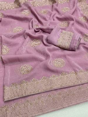 Lavender zari embroidery work crunchy saree with blouse 1